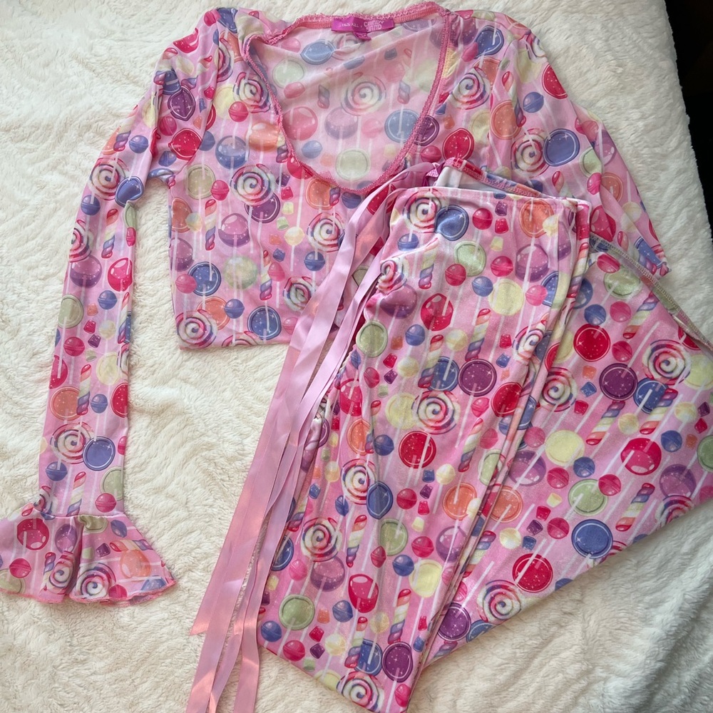 Dolls Kill x Candy Land :sweet pieces MED Sheer Top & L flare Pants Set